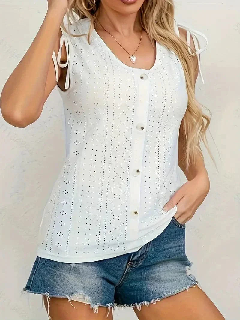 Ladies Summer Blouse with Buttons and Crochet Details
