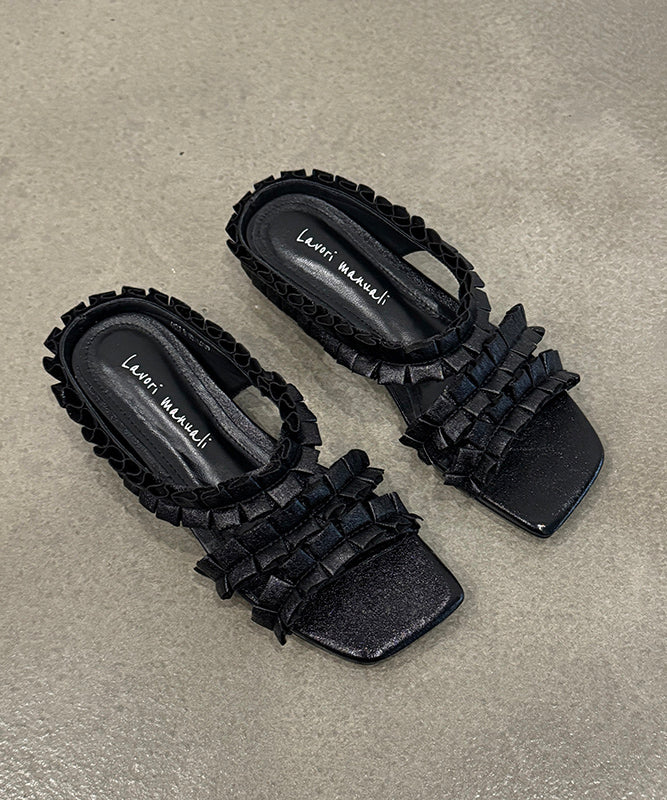 Mules en peau de mouton noir doux à bout ouvert - EasyApparels