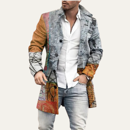 Mens Vintage Patchwork Quilted Long Coat with Pockets