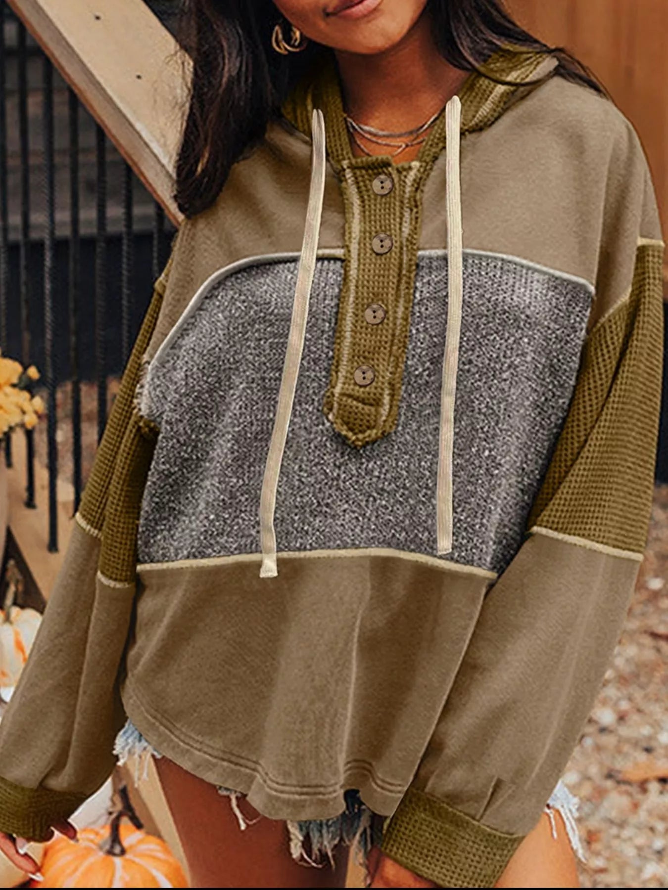 Unique Patch Half Zip Hooded Sweatshirt