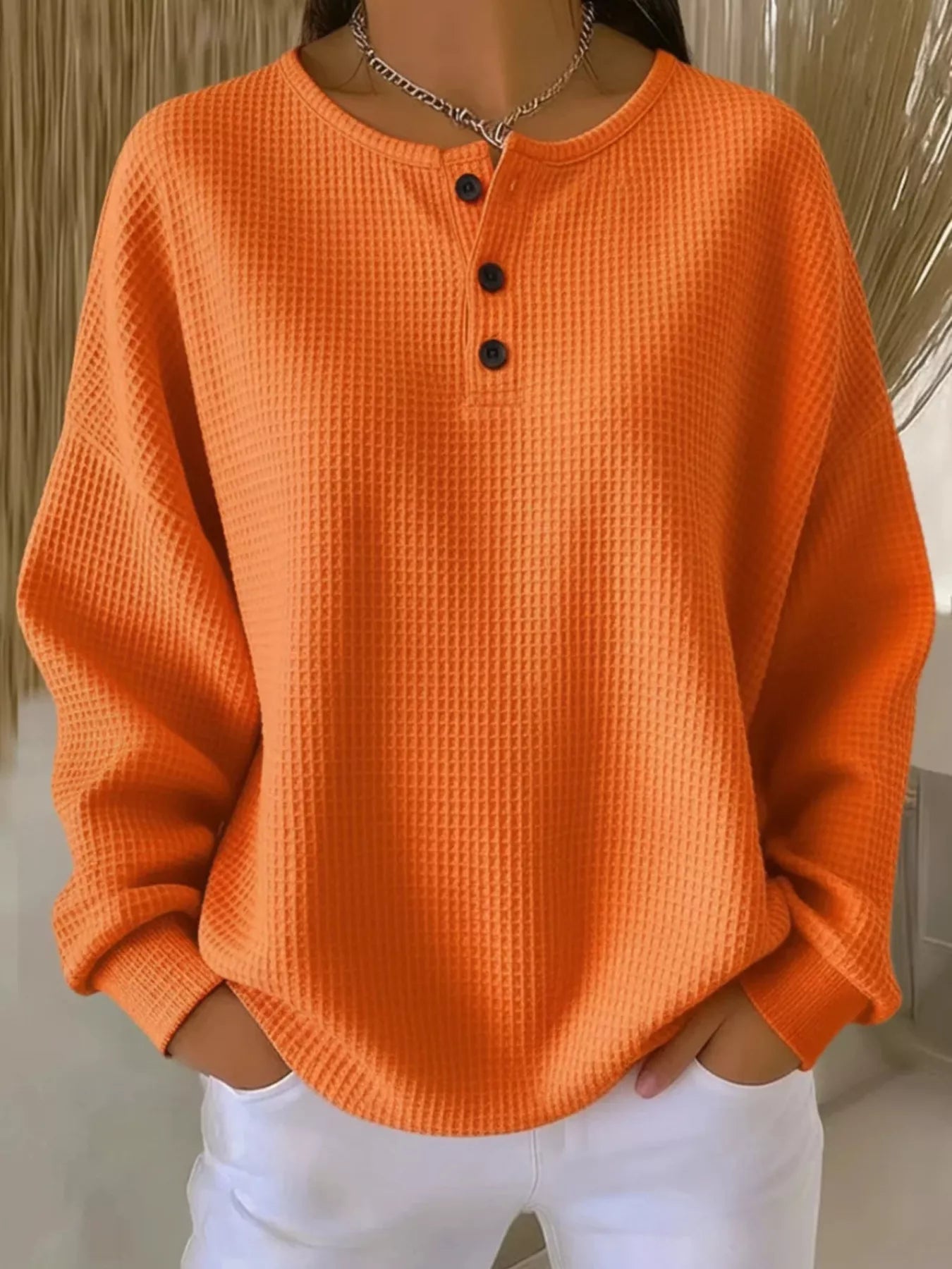 Comfortable Waffle Knit Plus Size Button Front Top - EasyApparels