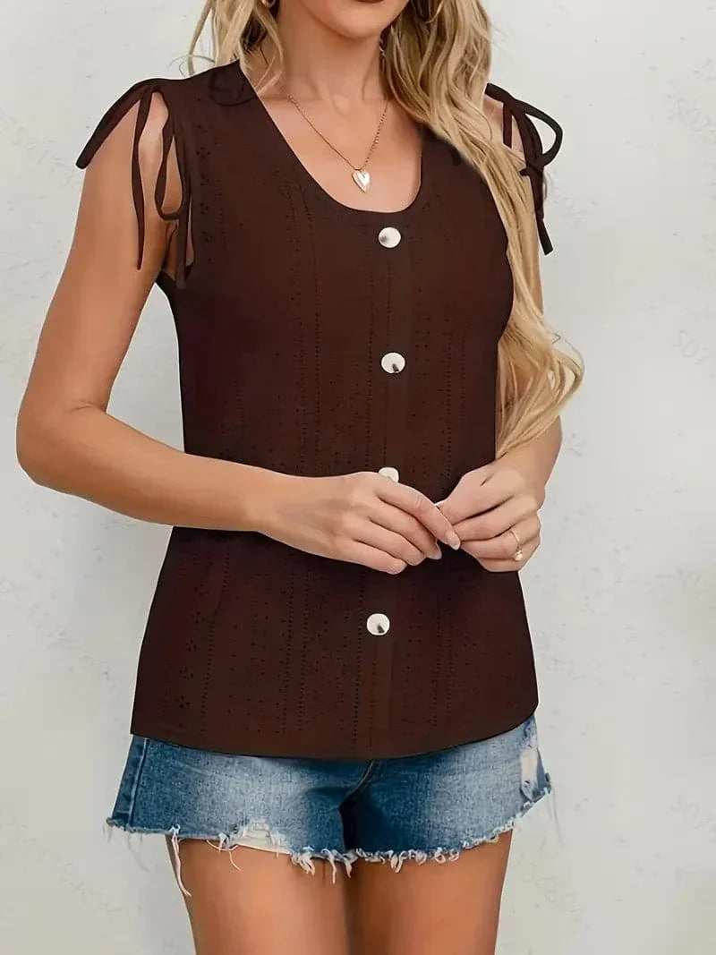 Ladies Summer Blouse with Buttons and Crochet Details - EasyApparels