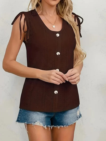 Ladies Summer Blouse with Buttons and Crochet Details - EasyApparels