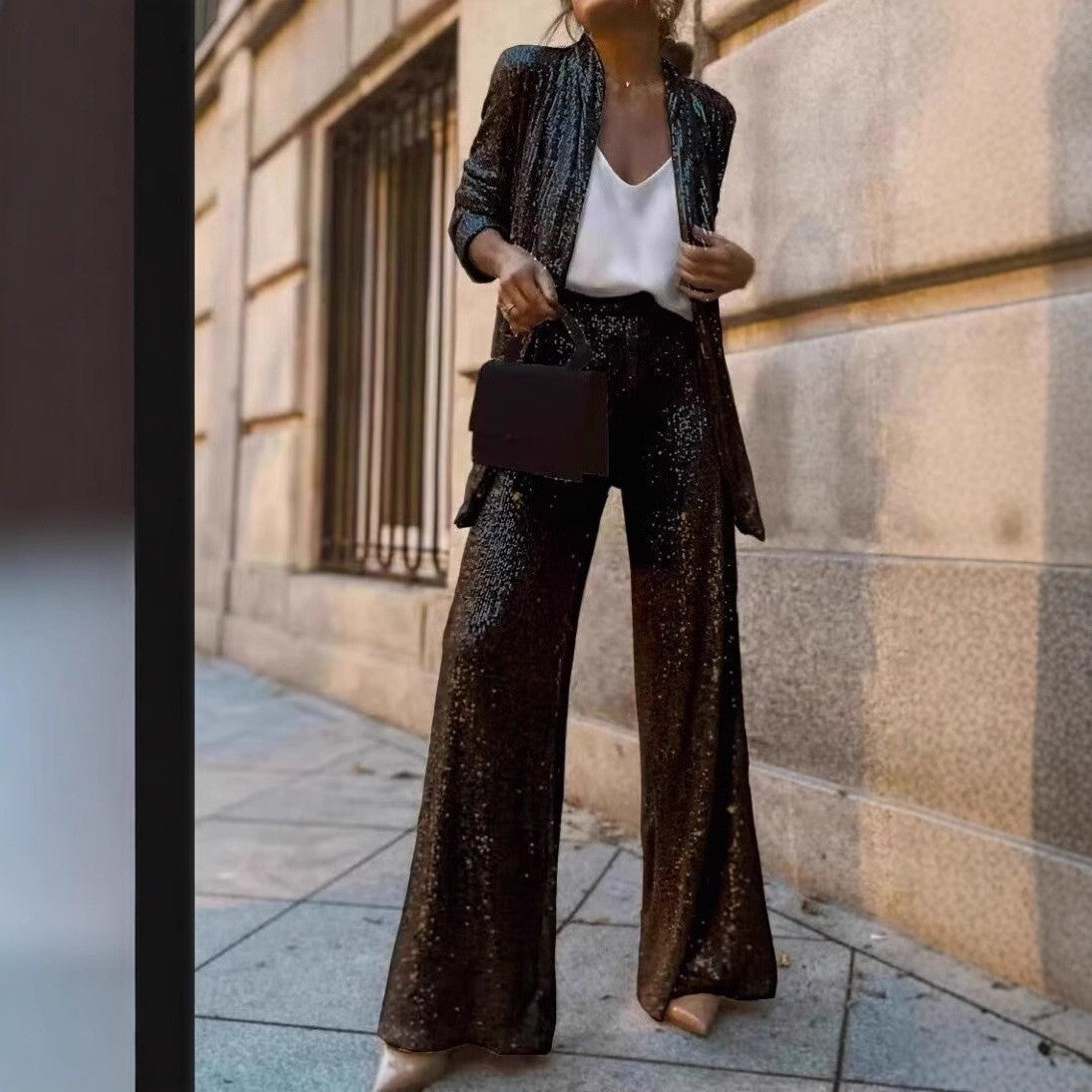 Glamorous Sequin Suit Jacket and Wide Leg Pants Set