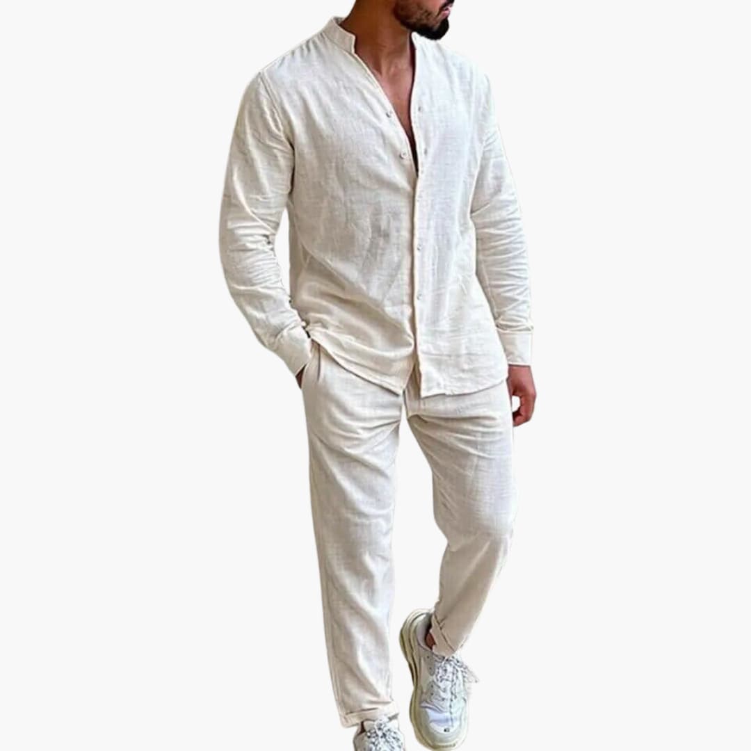 Summer Linen Suit for Men with Long Sleeve Top Pants