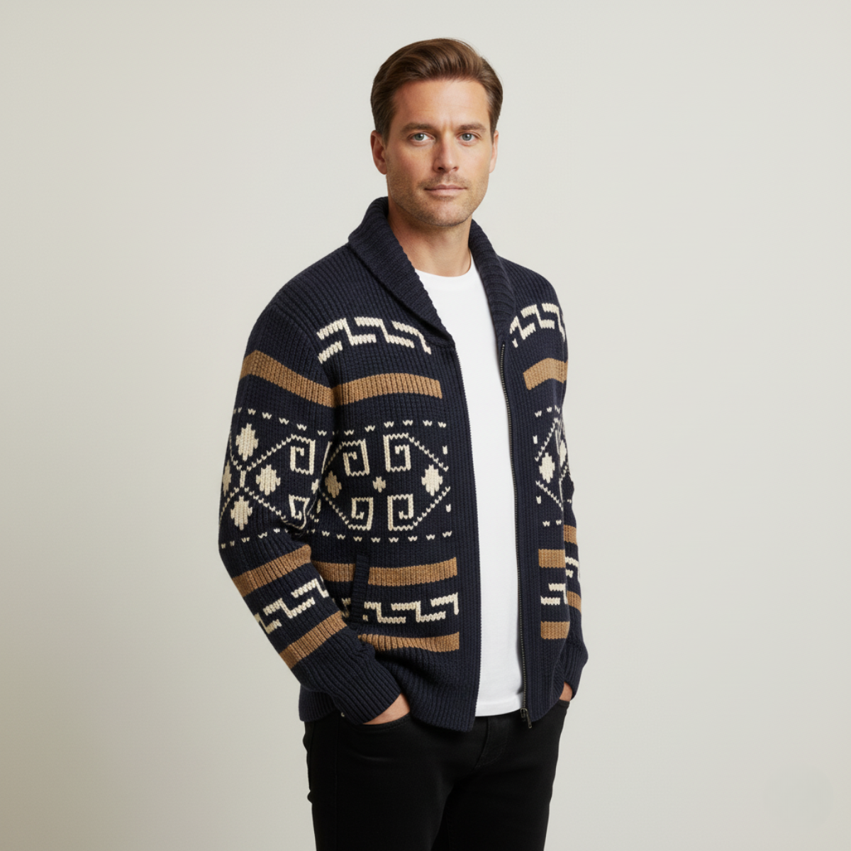 Warm Aztec Pattern Men's Cardigan Sweater