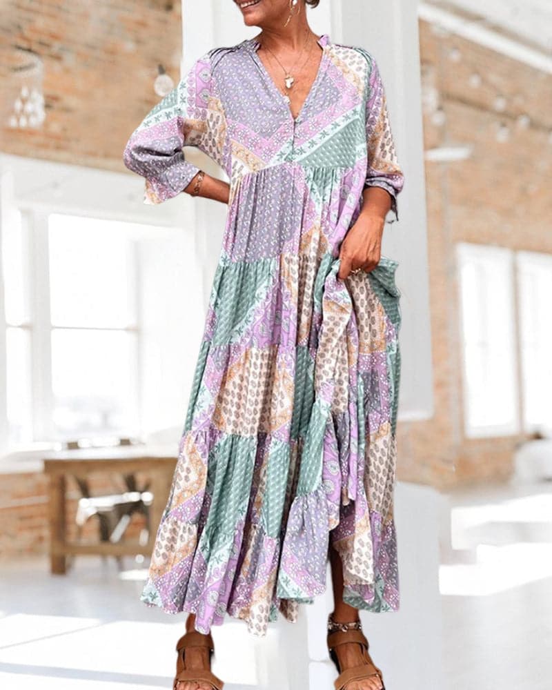 Flowy V Neck Maxi Dress with Colorful Patchwork Print