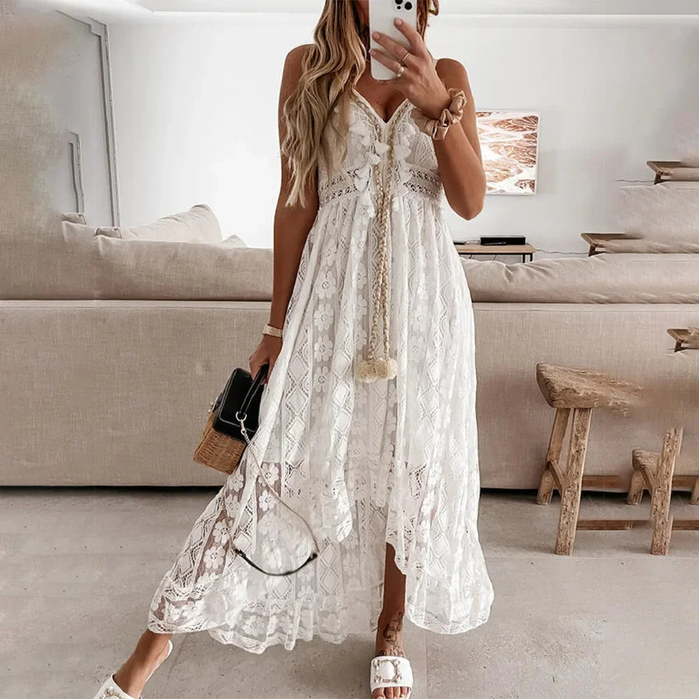 Chic Floral Lace Trim Dress with Tassels
