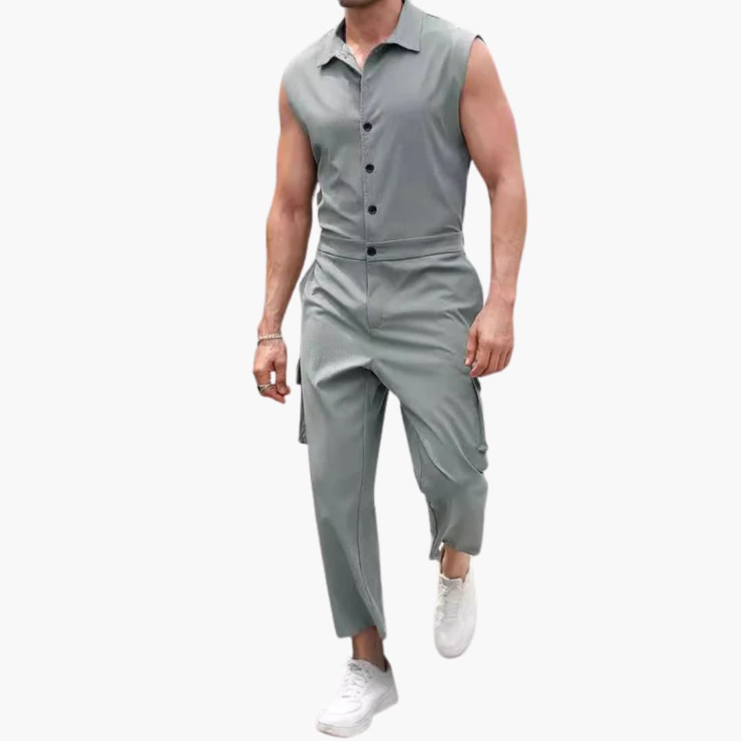 Men's Summer Cargo Jumpsuit with Button Front