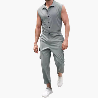 Men's Summer Cargo Jumpsuit with Button Front