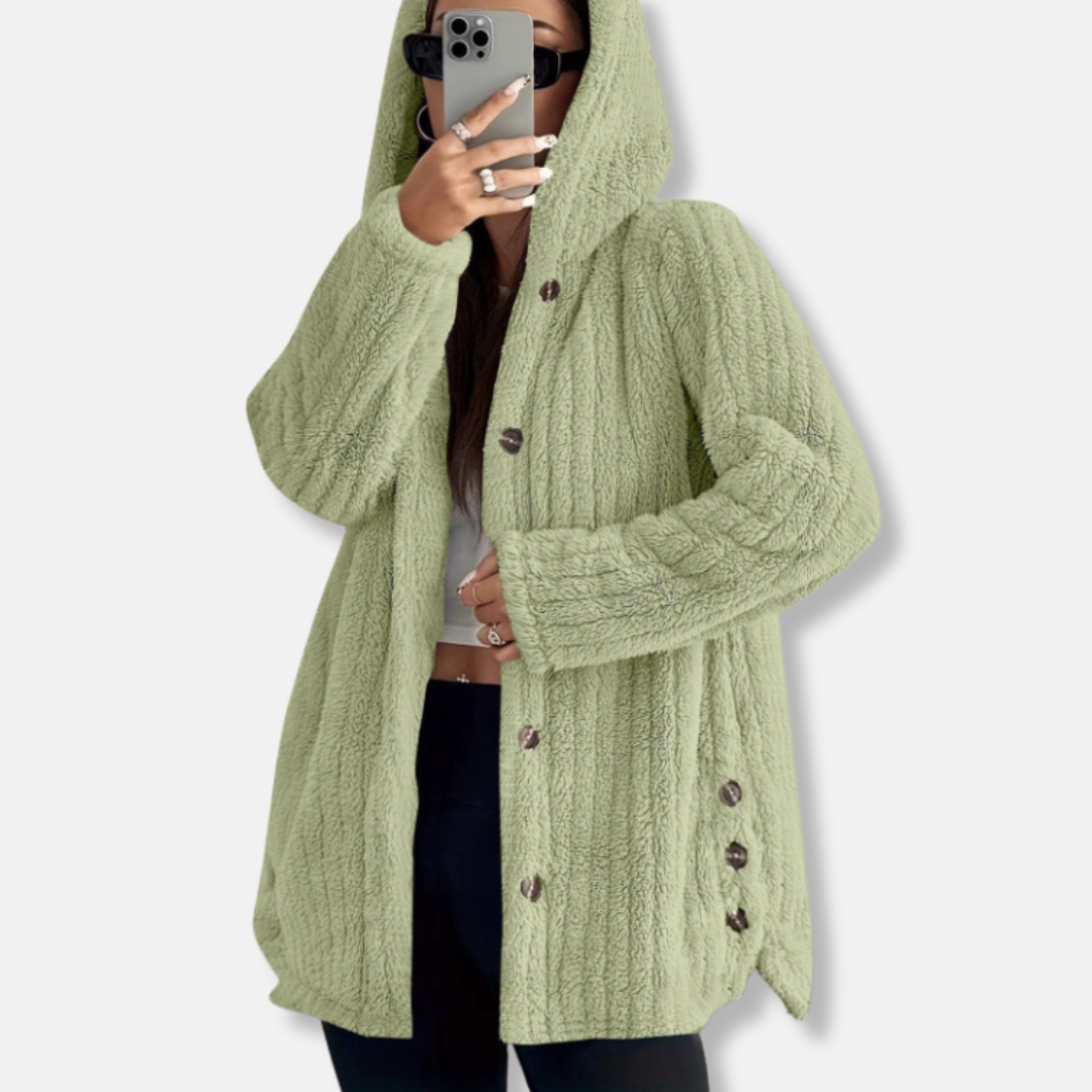 Ladies Long Hooded Coat Soft Button Front