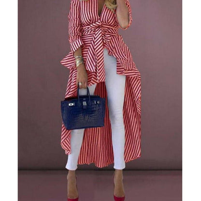 Chic V-Neck Striped Blouse with Waist Tie