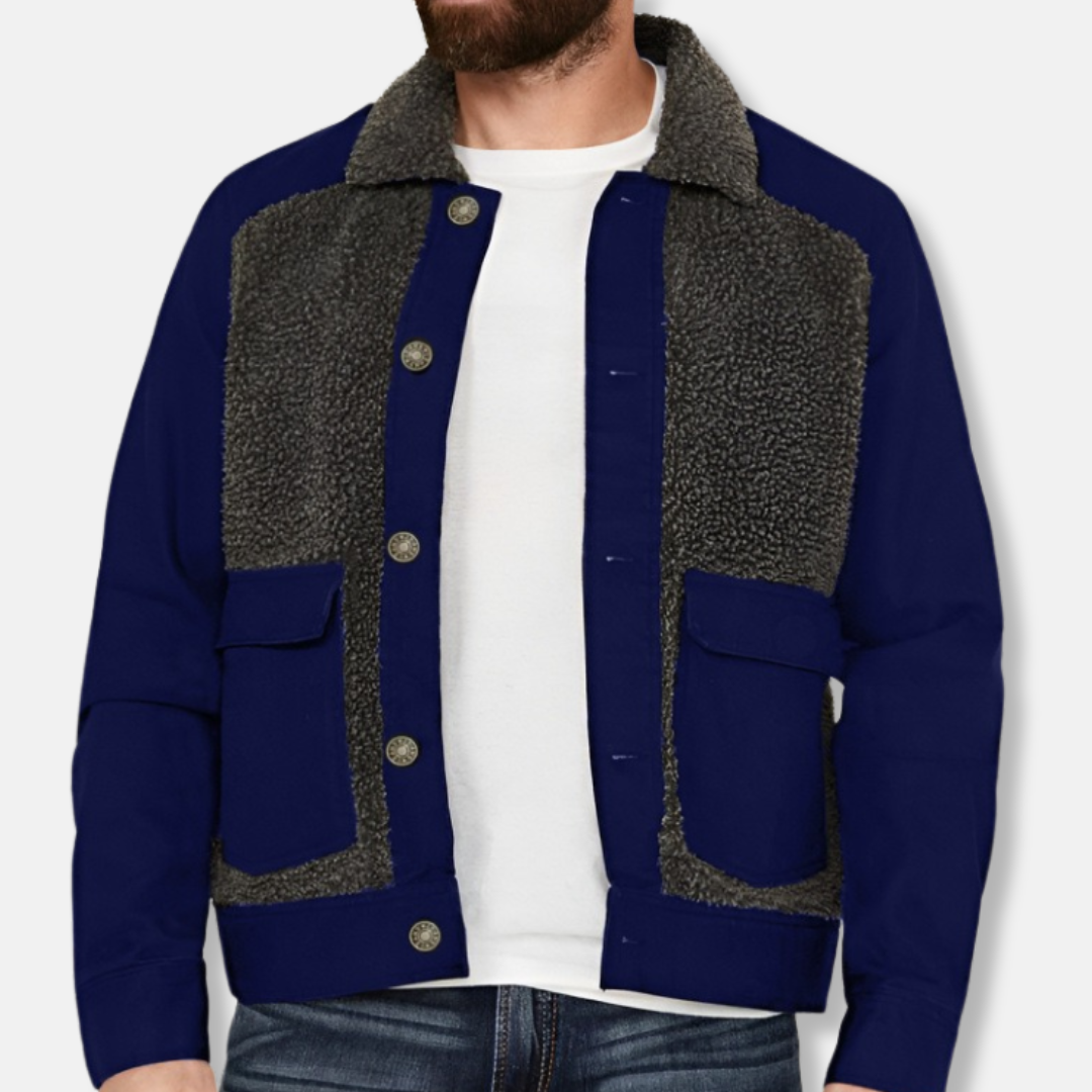 Warm Patchwork Mens Coat with Faux Fur Collar
