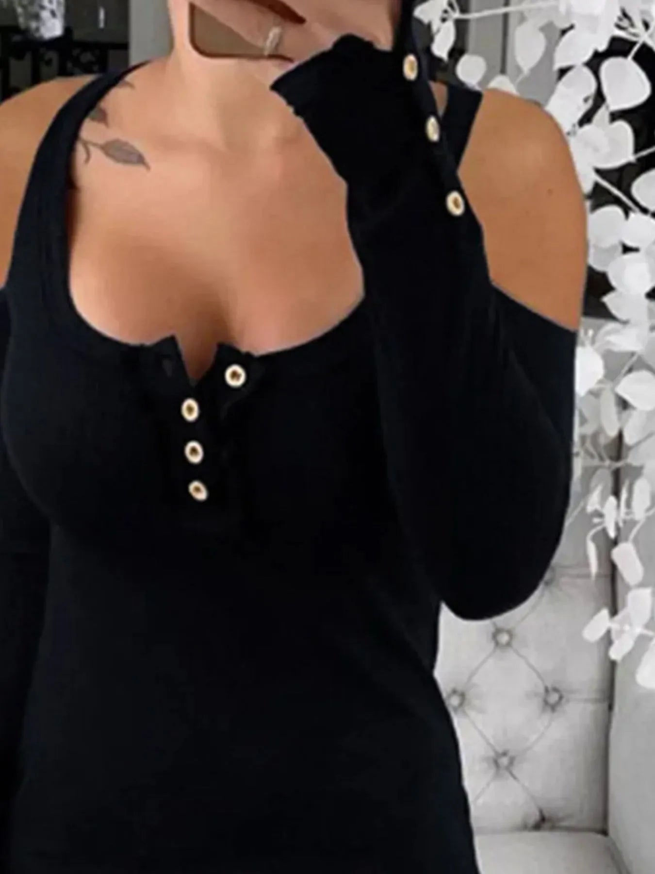 Trendy Off The Shoulder Button Front Tee Shirt