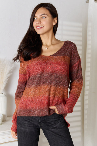 Trendy Ombre V Neck Pullover Sweater - EasyApparels