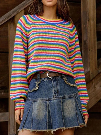 Colorful Multi Stripe Crew Neck Sweater - EasyApparels
