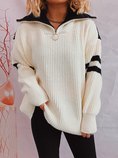 Textured Contrast Half Zip Pullover Sweater