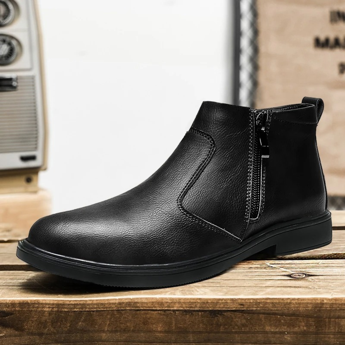 Classic Mens Black Leather Ankle Boots with Zip