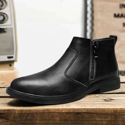Classic Mens Black Leather Ankle Boots with Zip