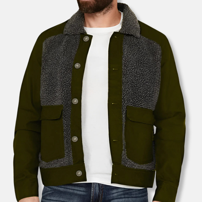 Warm Patchwork Mens Coat with Faux Fur Collar