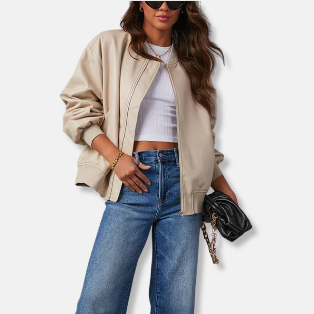 Ladies Genuine Leather Biker Jacket with Zip Front - EasyApparels