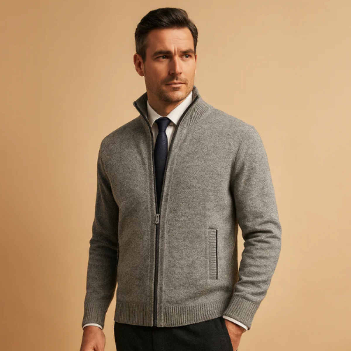 Warm Crew Neck Knitted Zip Men's Cardigan Sweater