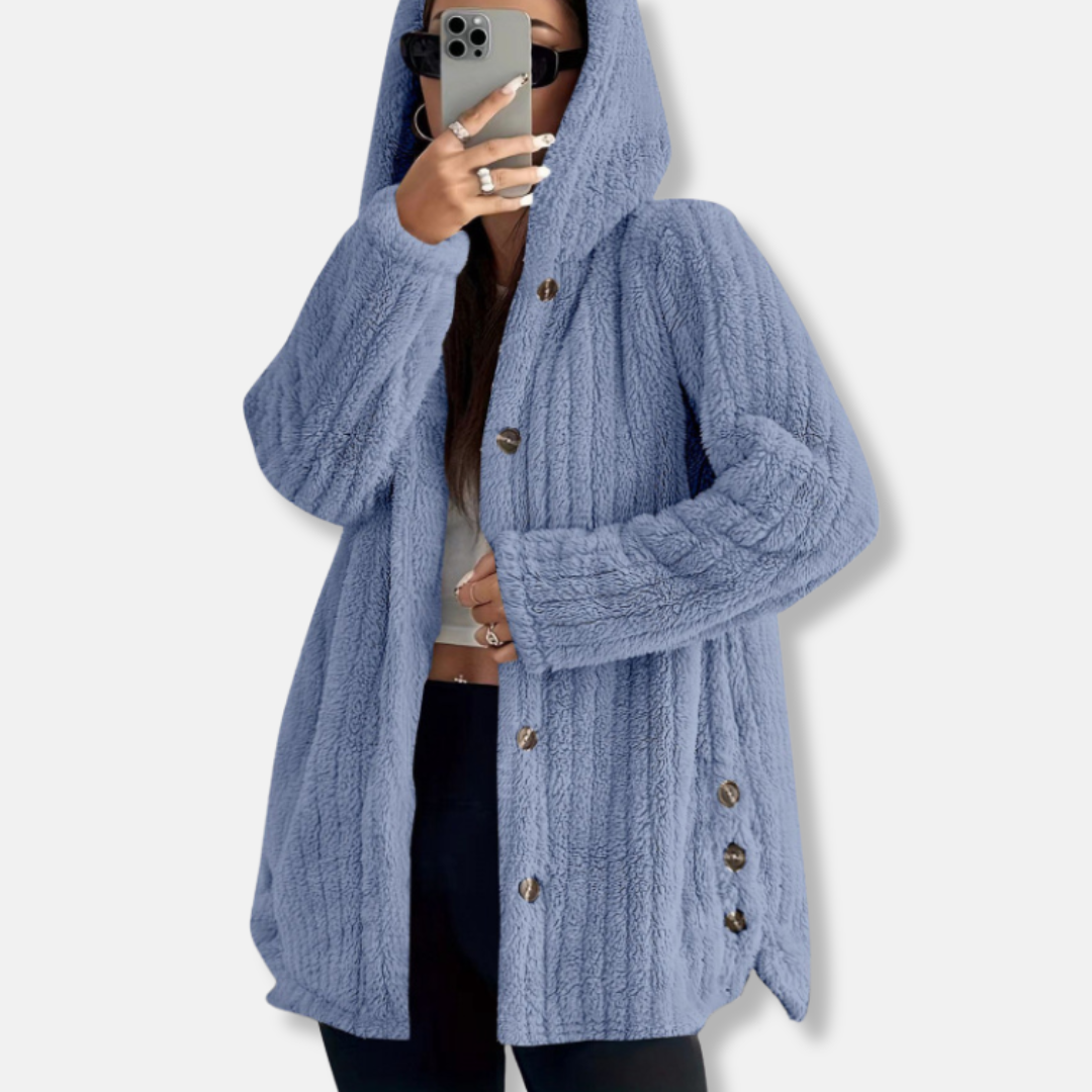 Ladies Long Hooded Coat Soft Button Front