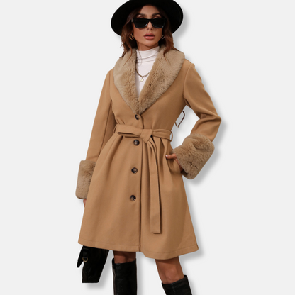 Classic Women's Belted Trench Coat with Fur Trim - EasyApparels