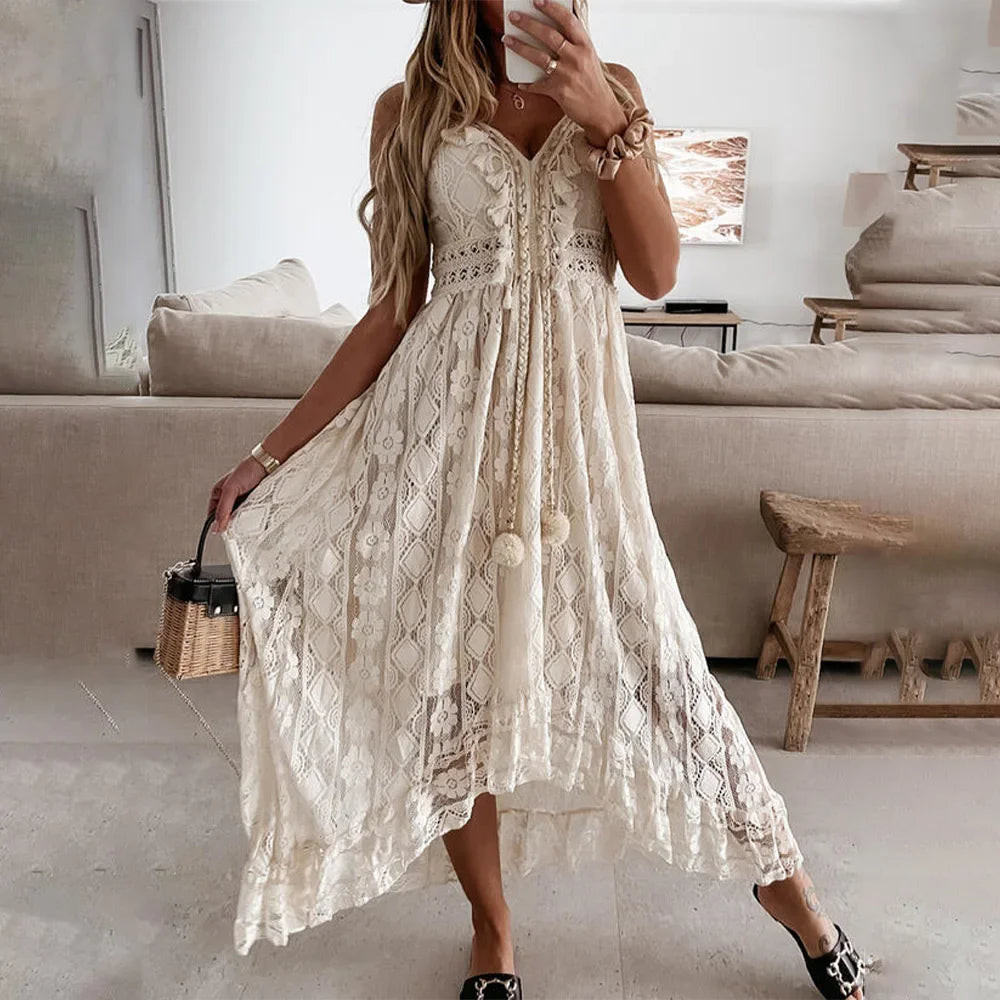 Chic Floral Lace Trim Dress with Tassels