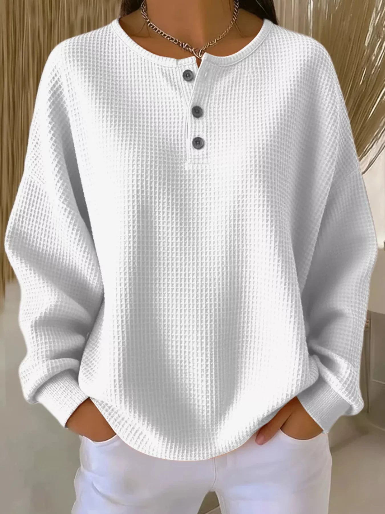 Comfortable Waffle Knit Plus Size Button Front Top