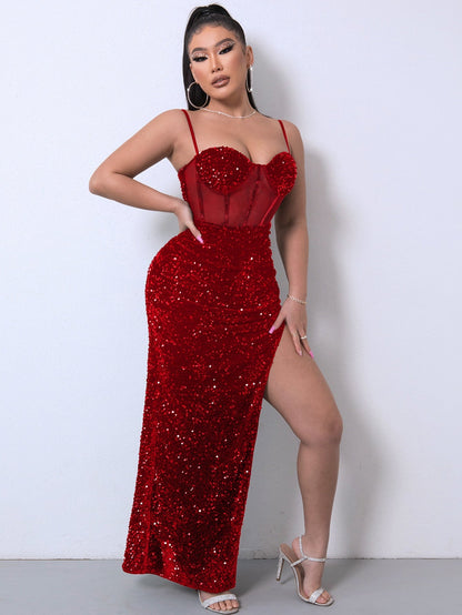Glittering Net Panel Long Prom Dress