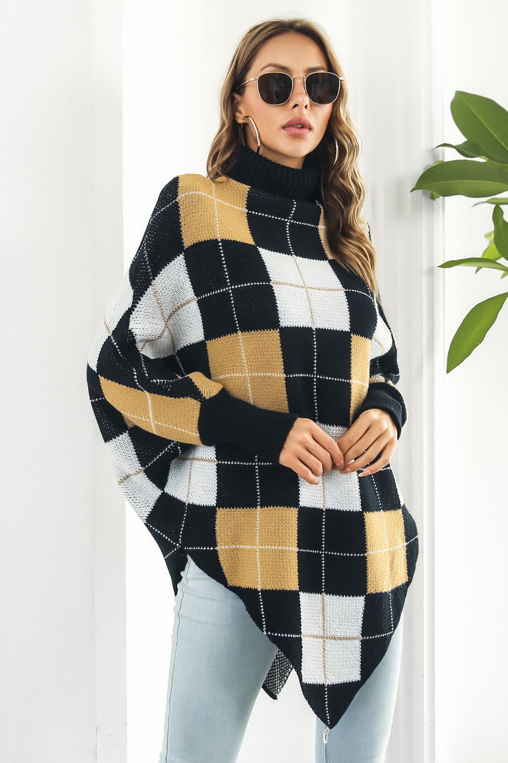 Warm Plaid Oversized Poncho Sweater - EasyApparels