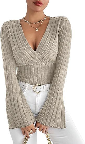 Comfortable Fit Women's Ribbed V Neck Sweater