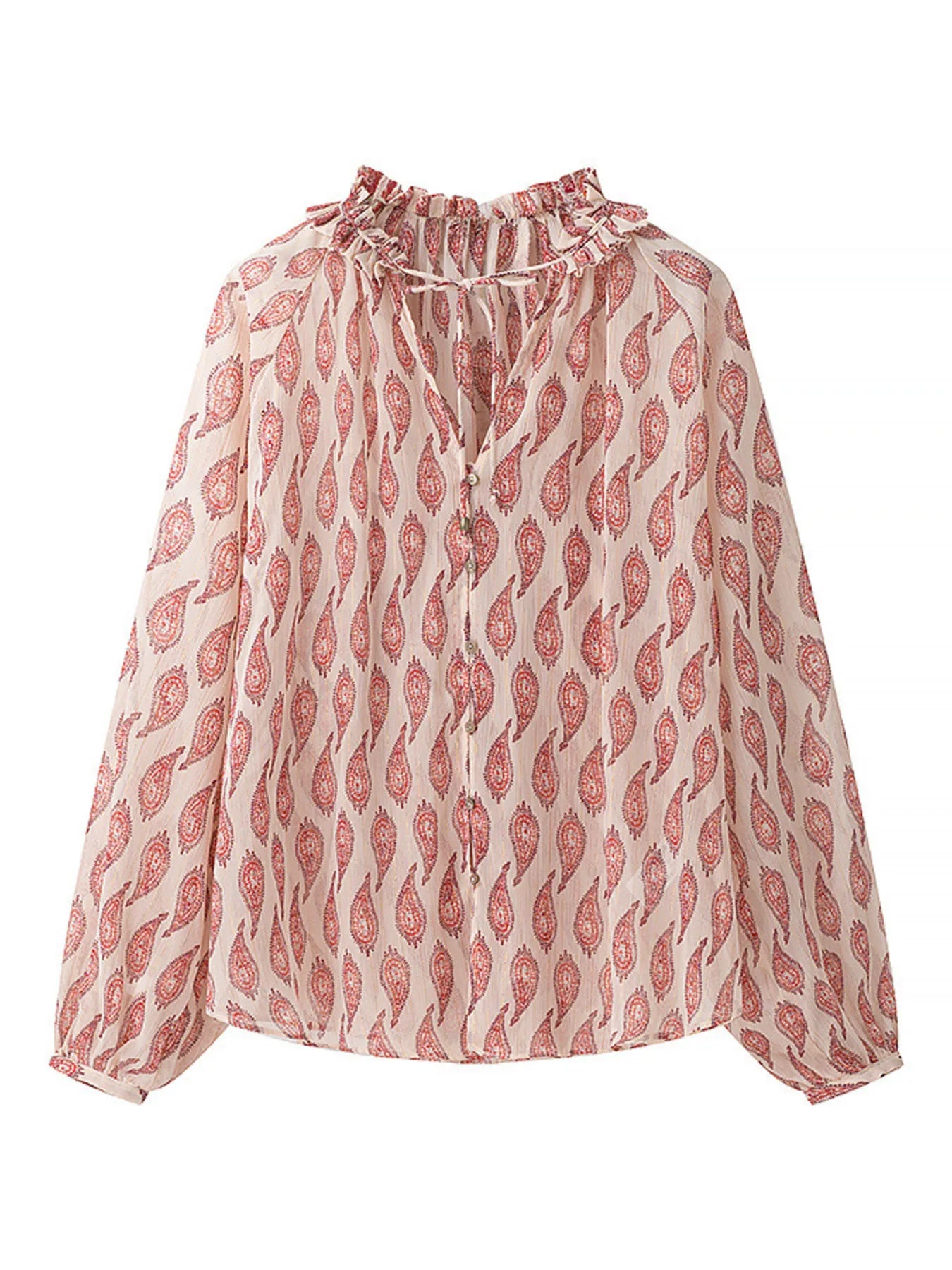 Floral Ruffle Tie Neck Women's Long Shirt - EasyApparels