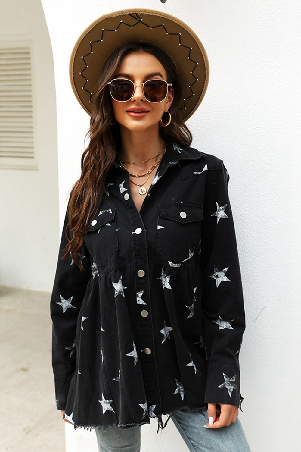 Classic Fit Star Pattern Denim Jacket - EasyApparels
