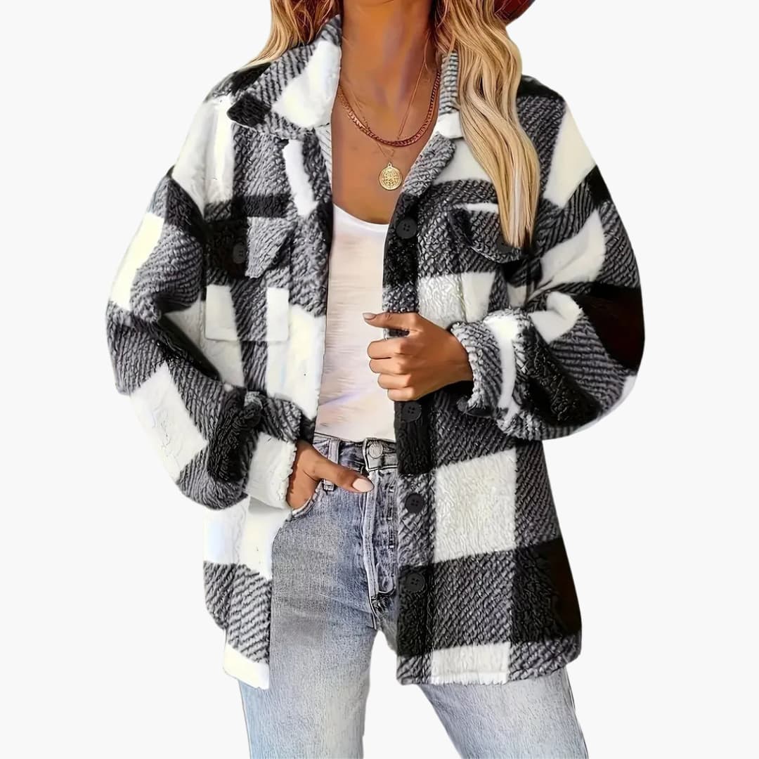 Ladies Plaid Coat with Button Front Closure