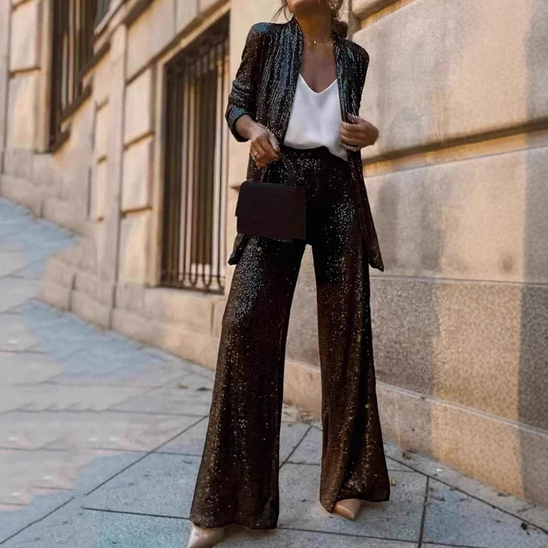 Glittery 2-Piece High Waist Pants Set - Vossary