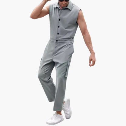 Men's Summer Cargo Jumpsuit with Button Front