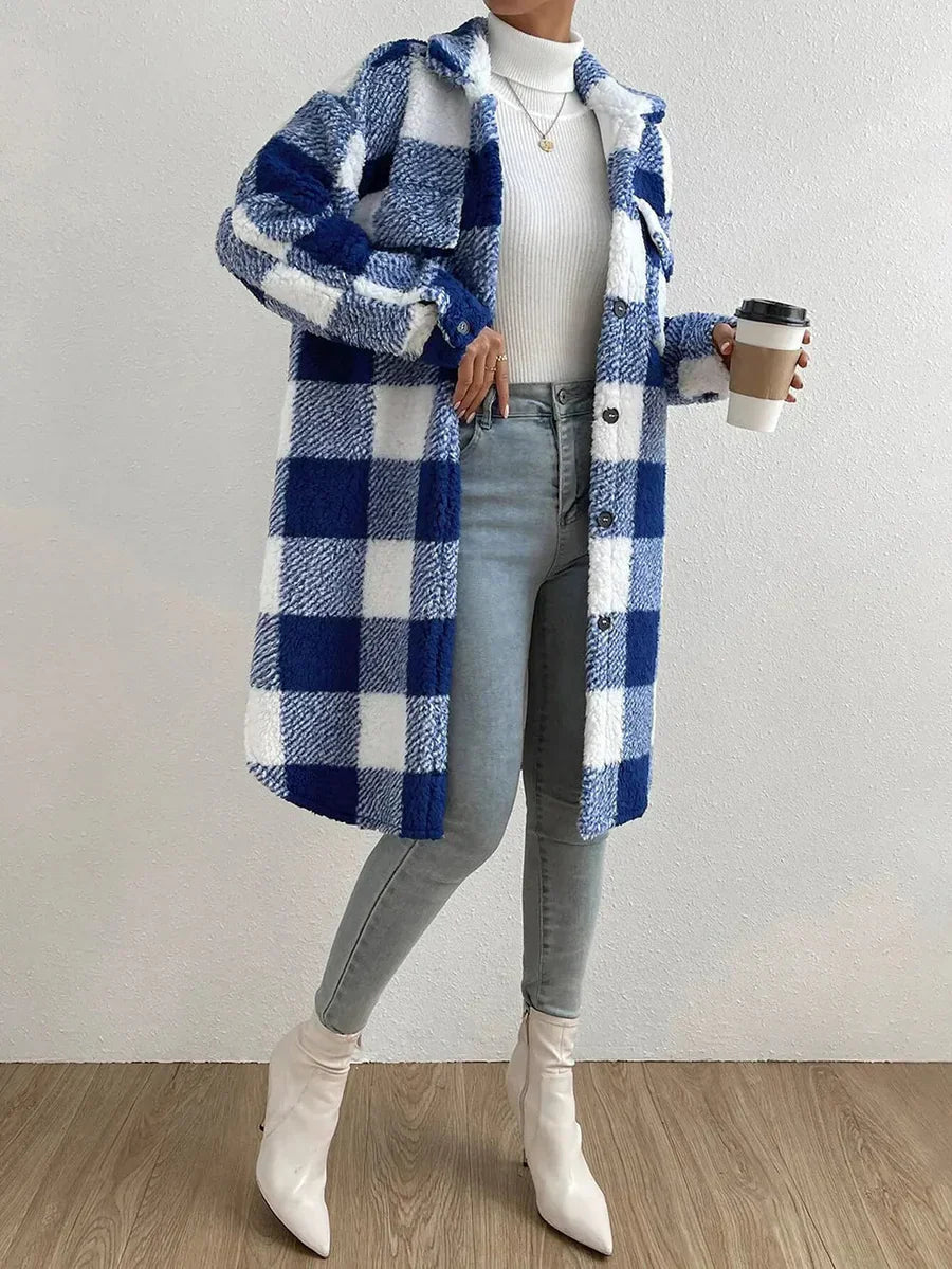 Plush Checked Ladies Coat Soft Oversized Fit