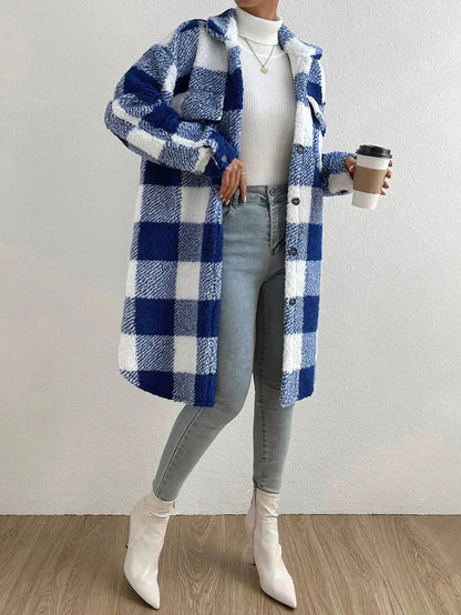 Plush Checked Ladies Coat Soft Oversized Fit