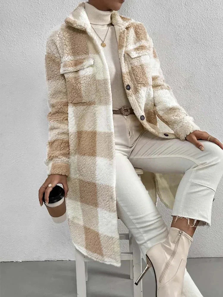 Plush Checked Ladies Coat Soft Oversized Fit - EasyApparels