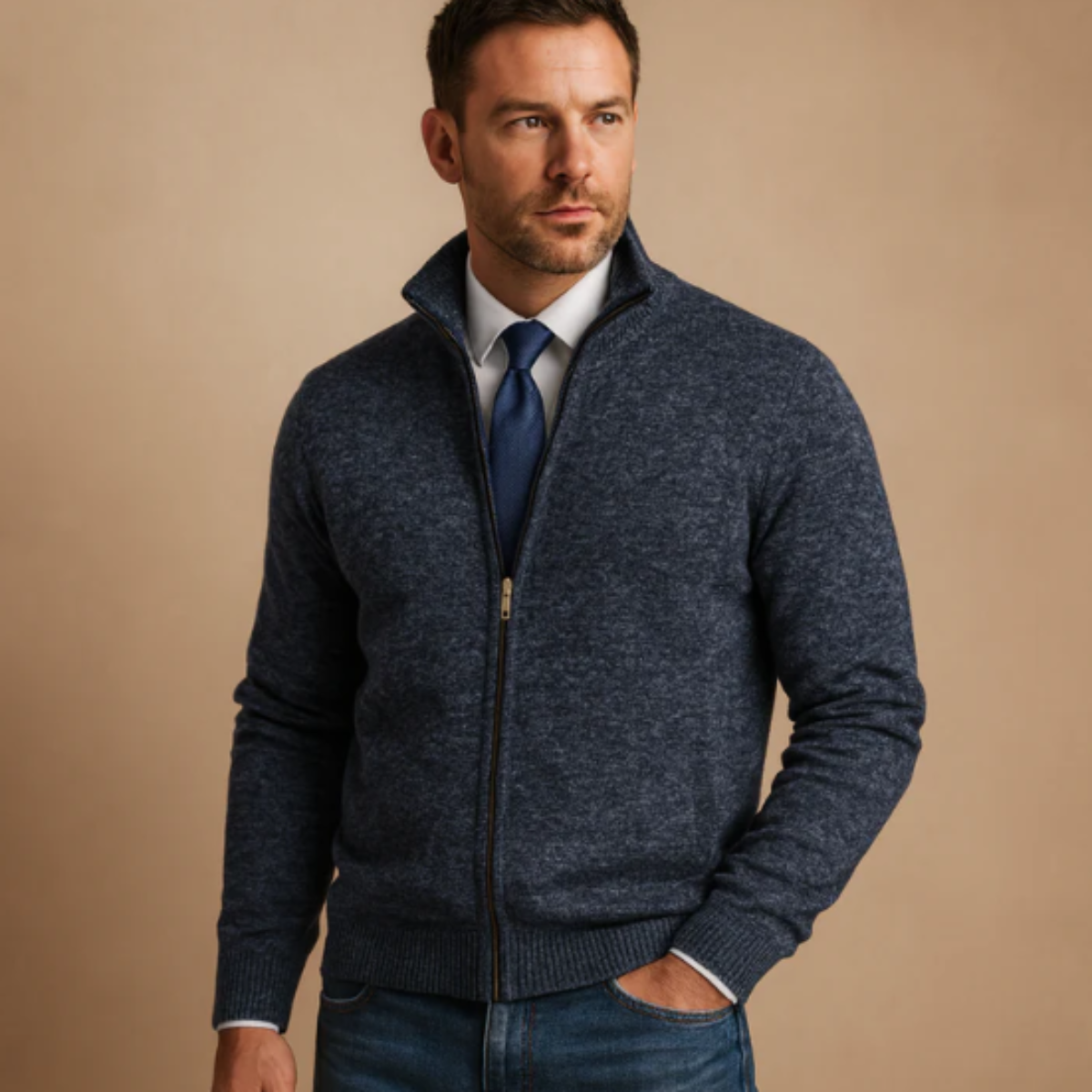 Warm Crew Neck Knitted Zip Men's Cardigan Sweater