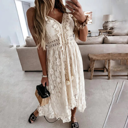 Chic Floral Lace Trim Dress with Tassels - Vossary