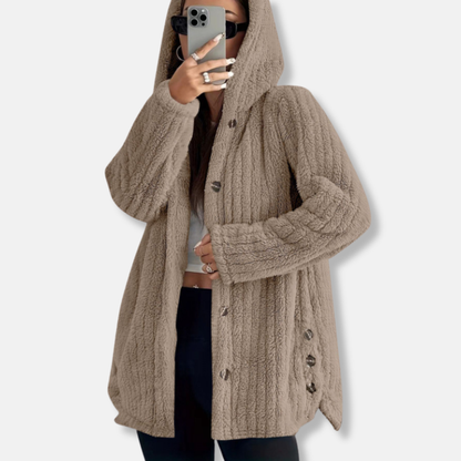 Ladies Long Hooded Coat Soft Button Front