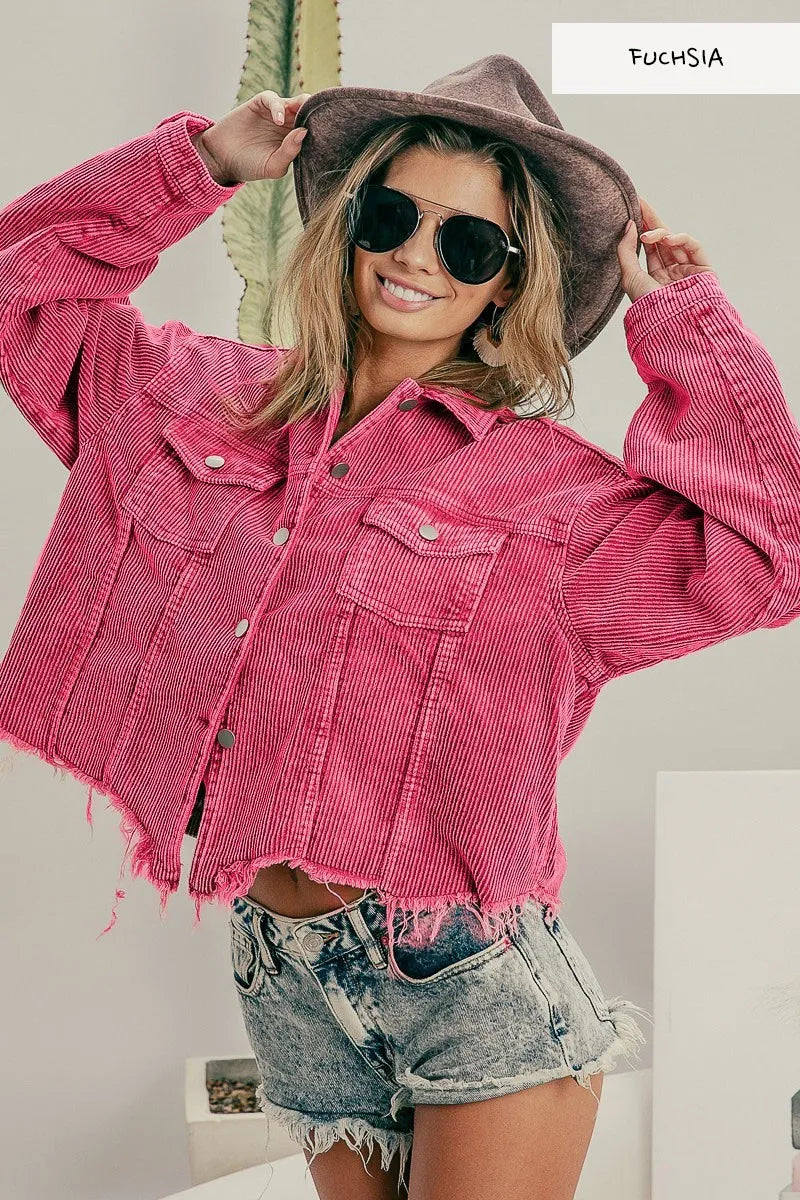 Retro Distressed Corduroy Jacket with Pockets
