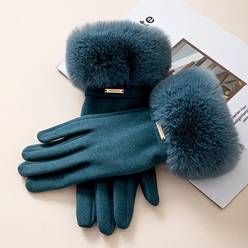 Warm Women's Suede Gloves with Fur Trim - Luxicro