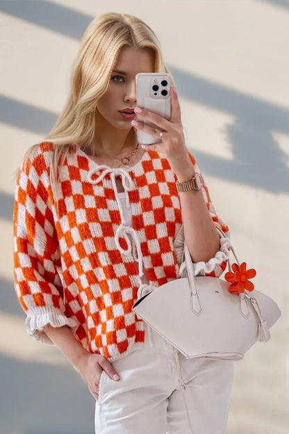 Casual Drop Shoulder Plaid Fluffy Cardigan Sweater
