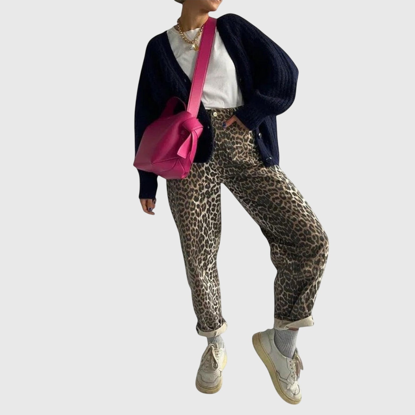Classic Distressed Denim Leopard Jeans