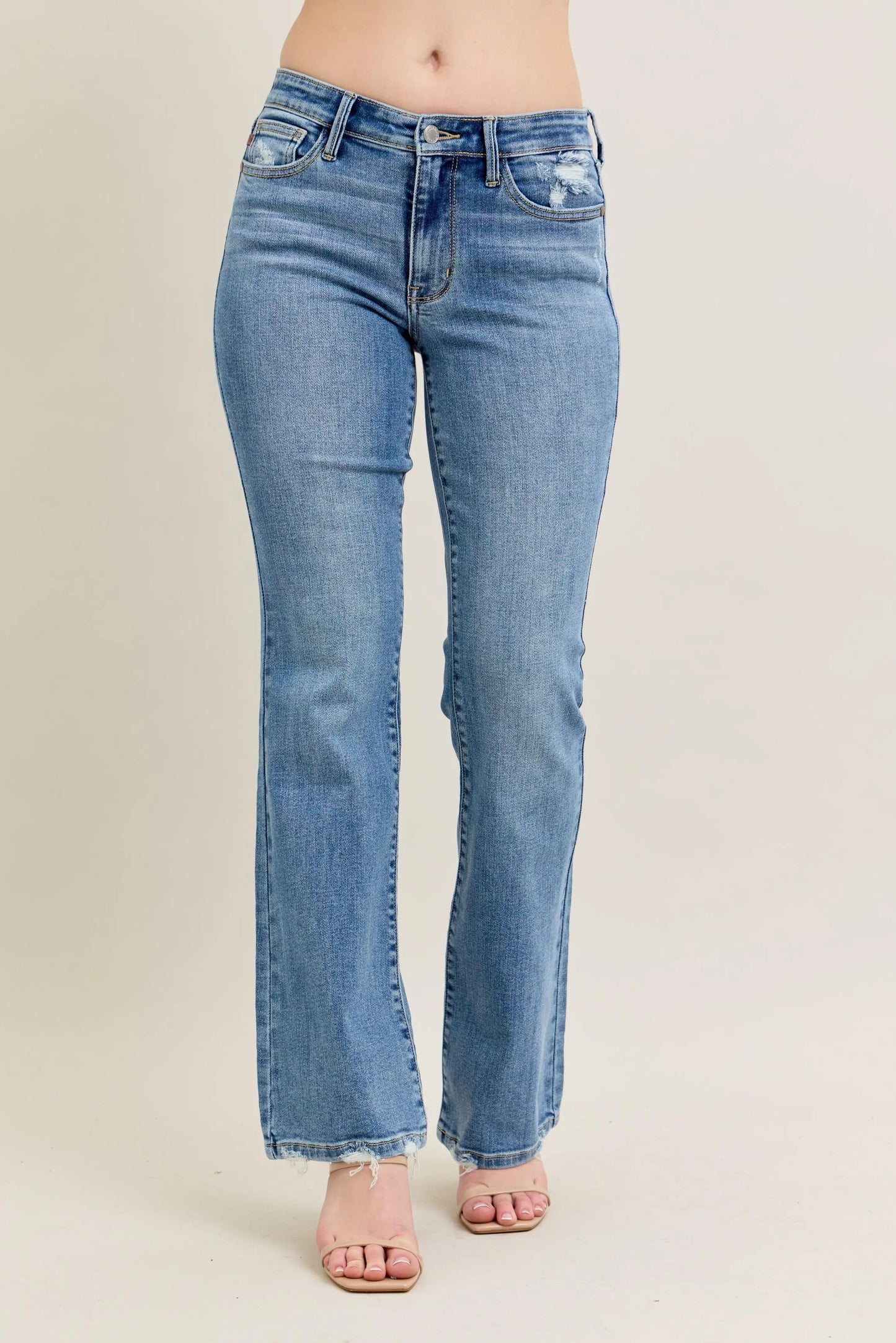 Dark Blue Plus Size Mid Rise Boot Cut Jeans - EasyApparels