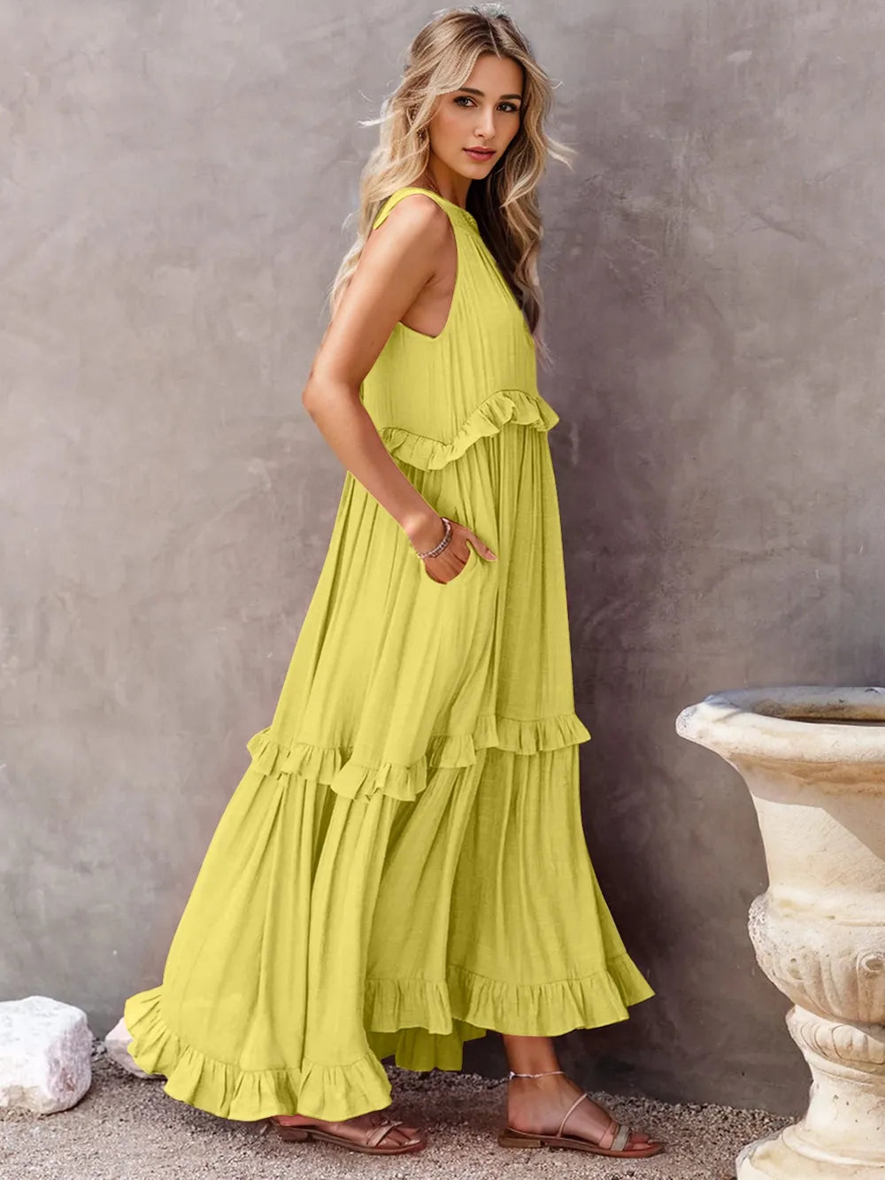 Flowy Strapless Layered Maxi Dress with Pockets